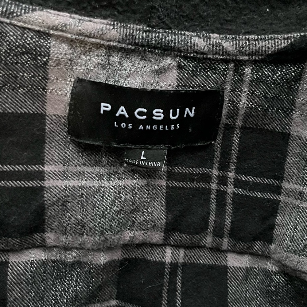 PACSUN- Plaid Button Down Long Sleeve Shirt with Hoodie Black and Grey Size L - Picture 4 of 4